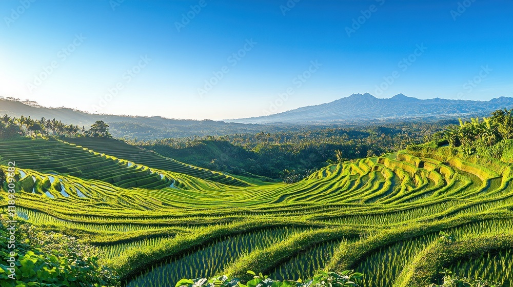 Fototapeta premium Breathtaking Sunrise Over Terraced Rice Fields Surrounded by Majestic Mountains