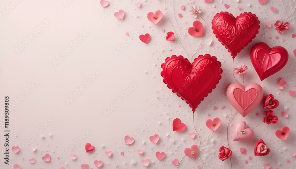 Charming heart-shaped decorations in red and pink for Valentine's Day, festive romantic setup
Charming heart-shaped decorations in red and pink for Valentine's Day, festive romantic setup