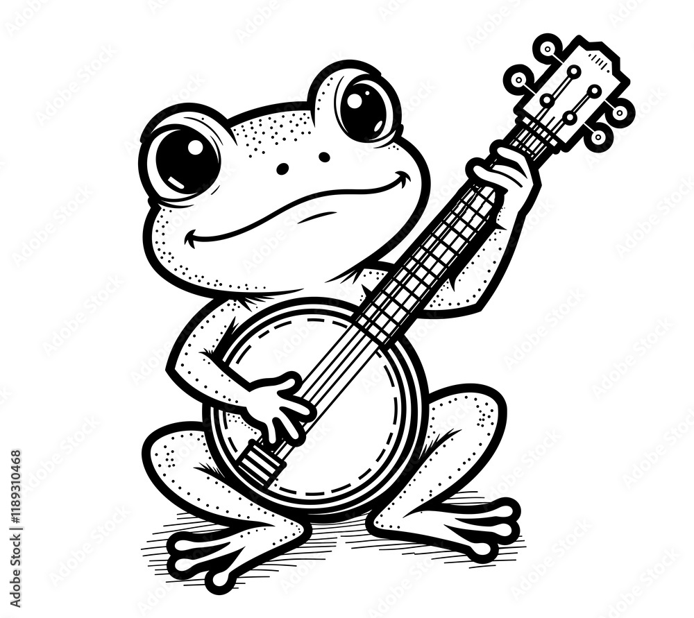 Obraz premium Frog playing banjo with a cheerful expression