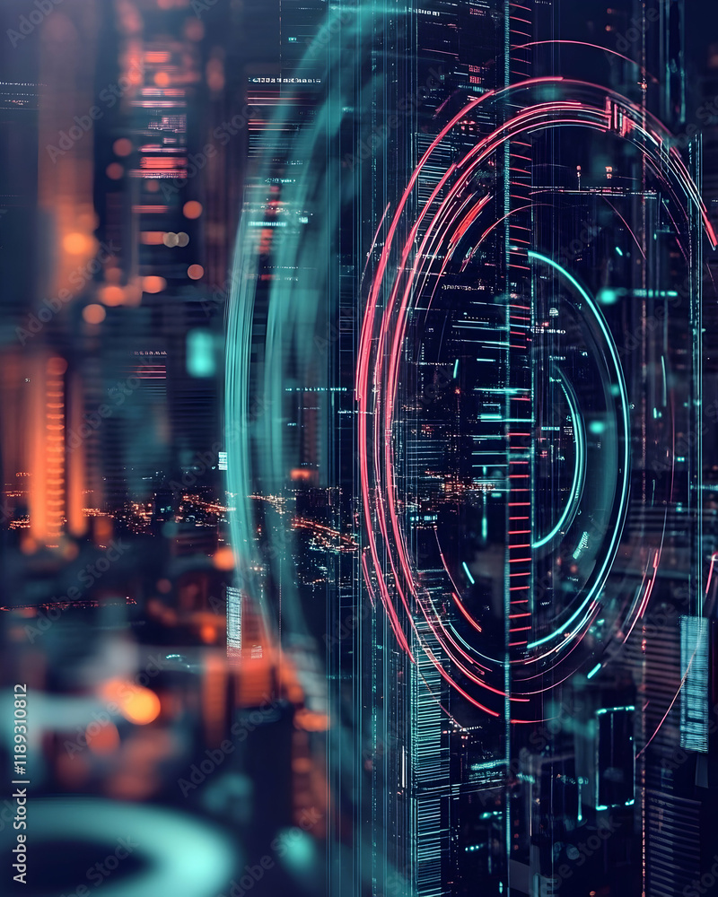 Fototapeta premium Futuristic city data visualization; glowing digital circles overlaying blurred cityscape at night; used for tech, innovation, or urban development concepts