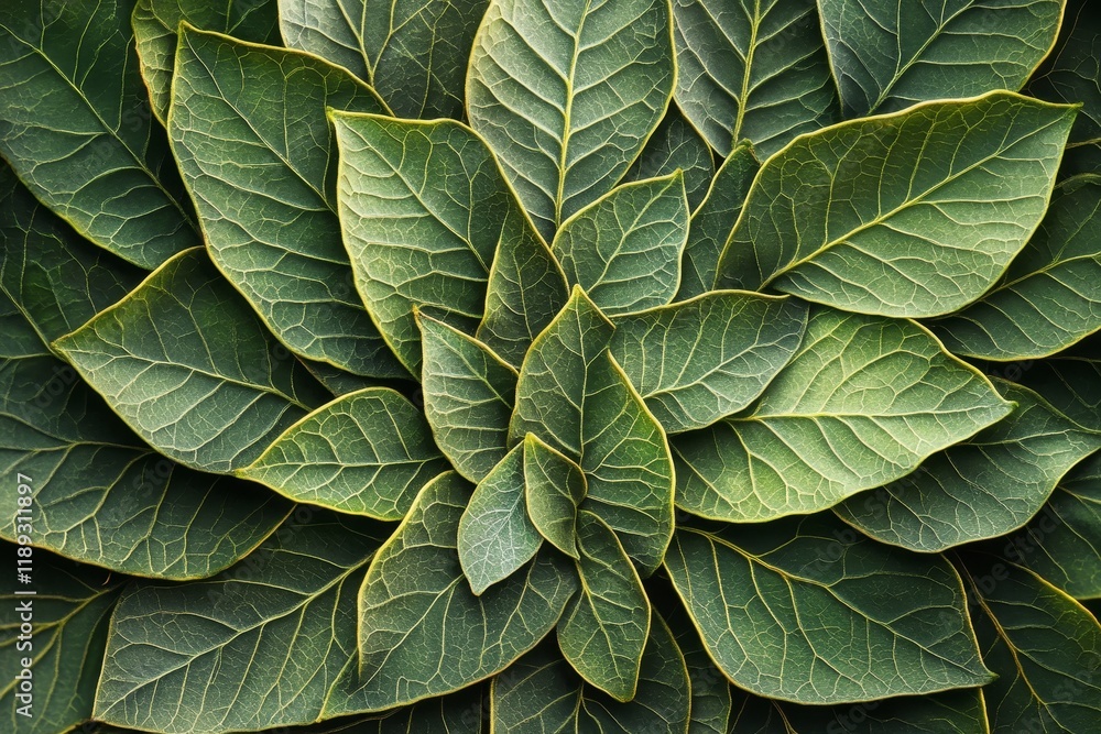 Fototapeta premium Lush Green Leaf Pattern - Nature, foliage, texture, organic, growth; symbolizing serenity, abundance, and renewal.