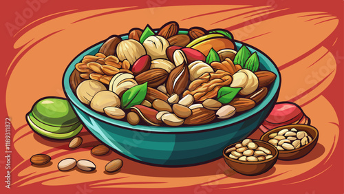 mixed nuts in bowl. Mix of various nuts on colored background. pistachios, cashews, walnuts, hazelnuts, peanuts and brazil nuts