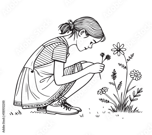 Girl sitting and picked flowers a one line art drawing style black linear sketch isolated on transparency