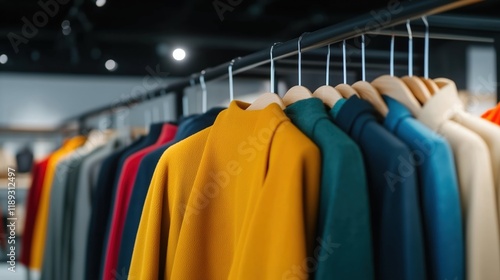 Wallpaper Mural Colorful coats, jackets hang on racks in store. Variety of colors, styles. New collection displayed. Trendy outerwear for spring fall. Customers try on clothes. Fashionable garments for modern style. Torontodigital.ca