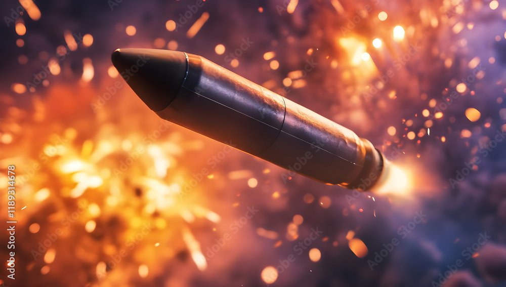 A missile launching amidst an explosion, showcasing technology and military action. A missile launching amidst an explosion, showcasing technology and military action.