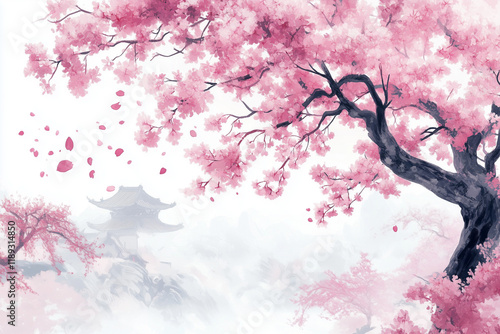 Serene cherry blossom landscape with misty pagoda in springtime