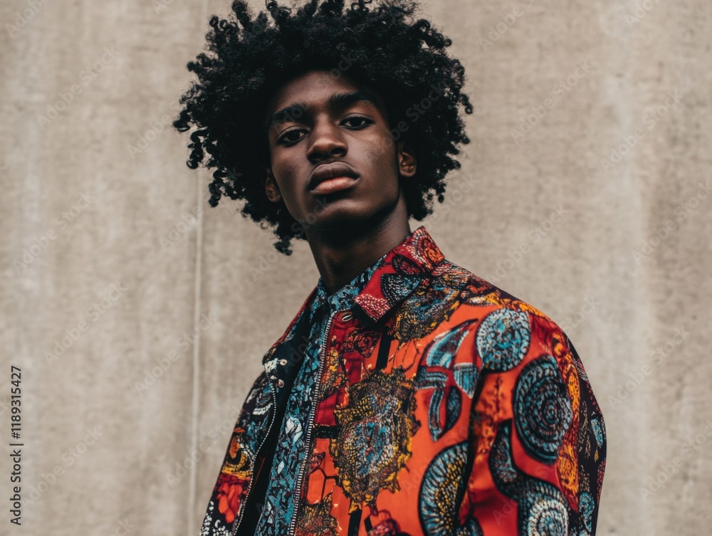 Obraz premium a person wearing a colorful patterned jacket stands in front of a wall