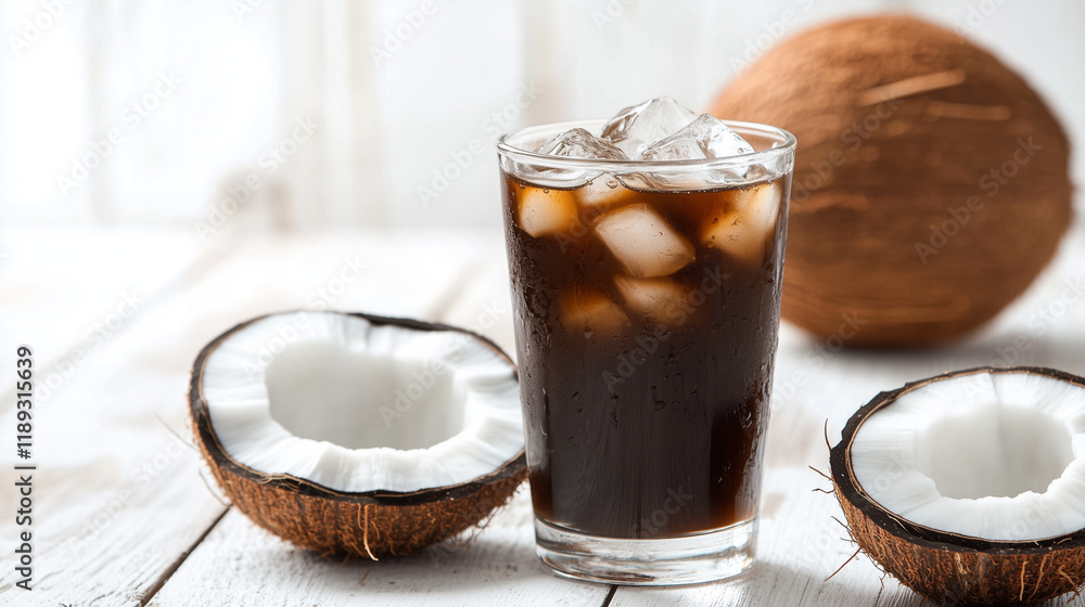 Chilled iced coffee with fresh coconuts on rustic white table Chilled iced coffee with fresh coconuts on rustic white table
