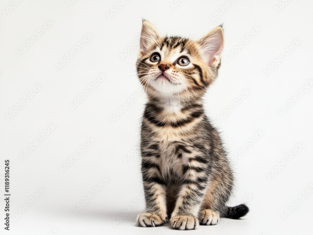 a small tabby kitten sits and looks up a small tabby kitten sits and looks up