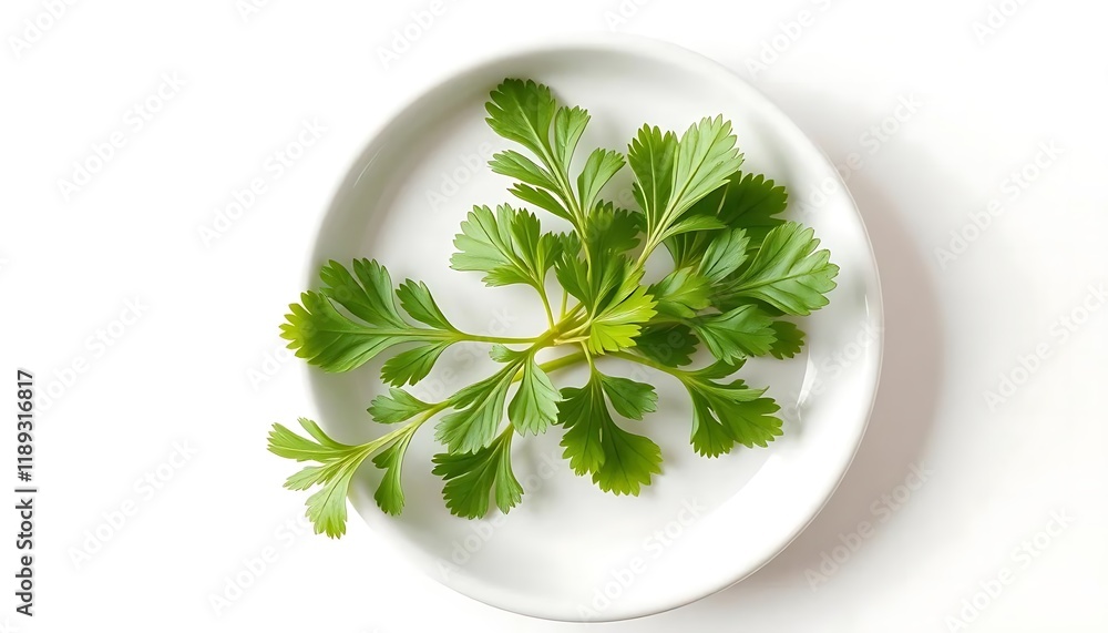 Fresh Green Herb Sprig on White Dish: Minimalist Botanical Still Life Fresh Green Herb Sprig on White Dish: Minimalist Botanical Still Life