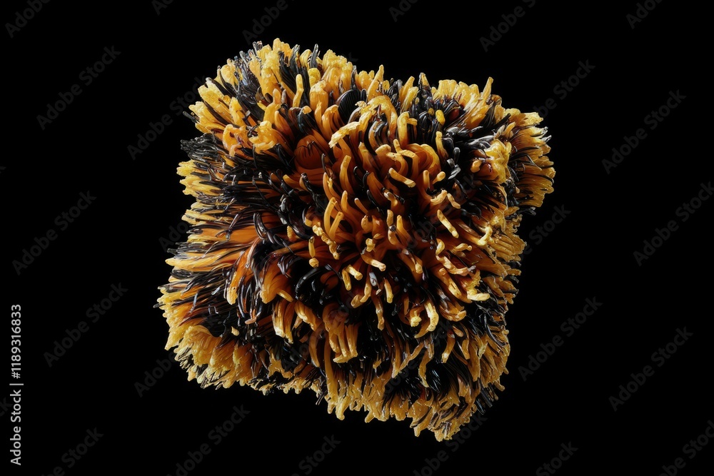 Abstract art of a textured, fluffy, dark and golden cube-shaped object against a transparent background. Abstract art of a textured, fluffy, dark and golden cube-shaped object against a transparent background.