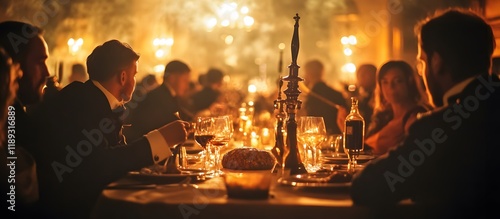 Elegant candlelit dinner party guests, mansion, celebration