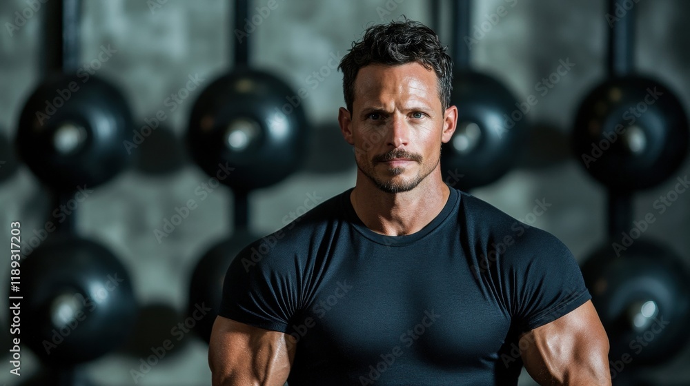 Fototapeta premium Focused Fitness: A muscular man with a determined expression poses in a gym, showcasing his physique and strength against a backdrop of weights.