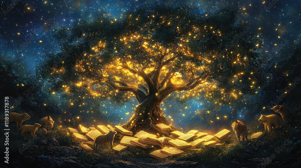 Fototapeta premium Luminous tree illuminating ancient books surrounded by wolves under a starry night.