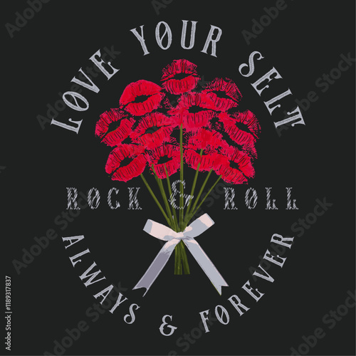 kiss Flowers vector graphics, leopard lips, fashion woman print, girls graphics design for flowers print, Rock Roll slogan text print design, love your self, summer flower t- shirt design,