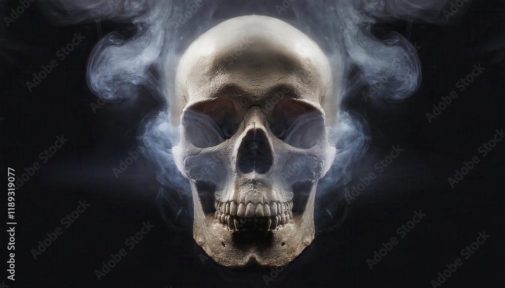 Symbolic Blurred Skull Emitting Smoke on X-Ray Background Symbolic Blurred Skull Emitting Smoke on X-Ray Background