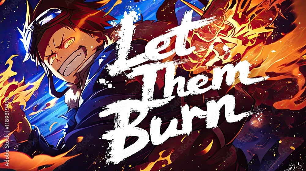 Fototapeta premium Fiery Anime Boy Unleashes Inferno in Dynamic Action Pose, Let Them Burn