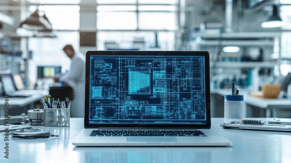 Computer Screen Displaying Architectural Designs in Modern Office Computer Screen Displaying Architectural Designs in Modern Office