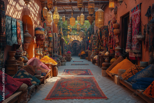 Photo réaliste d’un souk marocain animé avec tissus et épices colorés photo