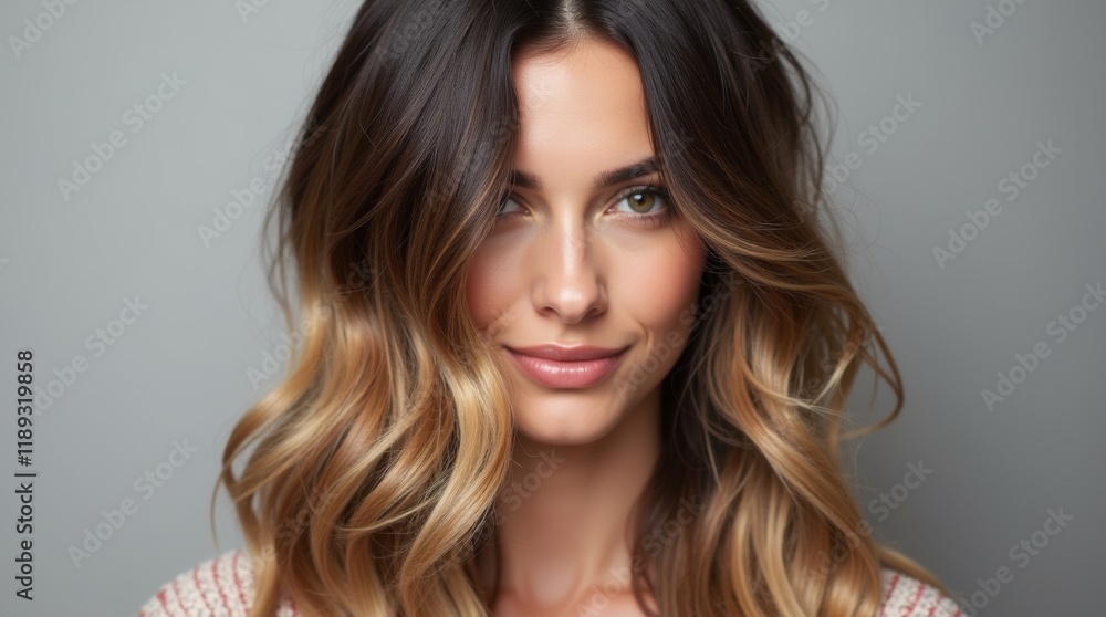 A beautiful representation of the balayage technique, highlighting natural gradients in hair color, expertly blending dark roots with lighter ends for a sophisticated look A beautiful representation of the balayage technique, highlighting natural gradients in hair color, expertly blending dark roots with lighter ends for a sophisticated look