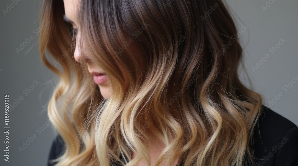 Naklejka premium A beautiful representation of the balayage technique, highlighting natural gradients in hair color, expertly blending dark roots with lighter ends for a sophisticated look
