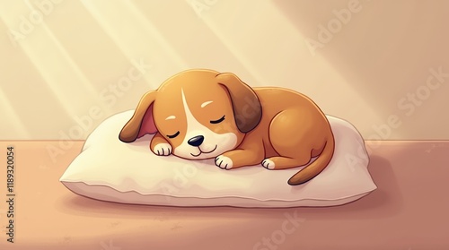 A cute digital illustration of puppy sleeping on pillow, radiating warmth and comfort 