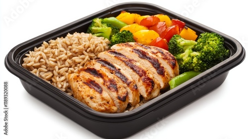 Grilled chicken with rice and mixed vegetables in a meal prep container. photo