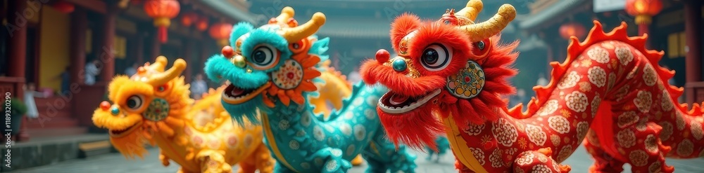 Fototapeta premium Dancers perform traditional Chinese dragon dance, vibrant colors, movement, art