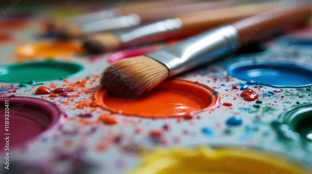 A detailed closeup of a palette with acrylic paint and an array of paintbrushes in different colors, highlighting the essence of artistic creation. A detailed closeup of a palette with acrylic paint and an array of paintbrushes in different colors, highlighting the essence of artistic creation.
