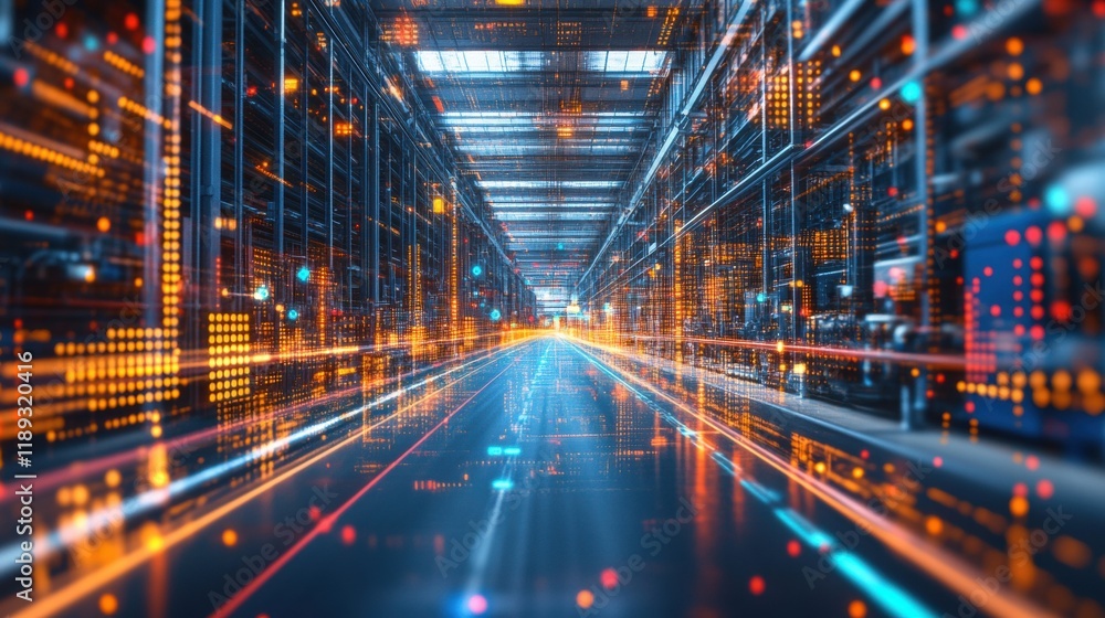 Fototapeta premium Futuristic Data Center with Neon Lights and Digital Effects