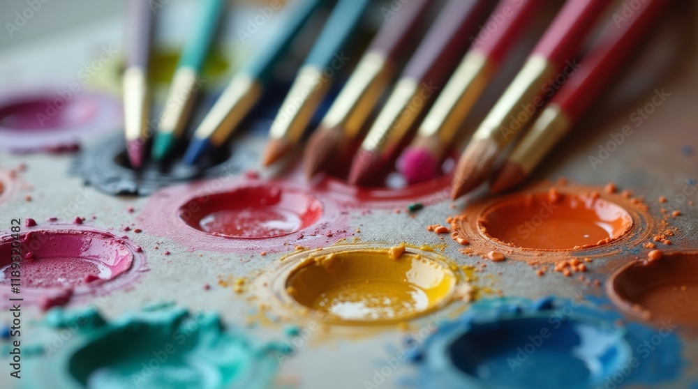 A detailed closeup of a palette with acrylic paint and an array of paintbrushes in different colors, highlighting the essence of artistic creation. A detailed closeup of a palette with acrylic paint and an array of paintbrushes in different colors, highlighting the essence of artistic creation.