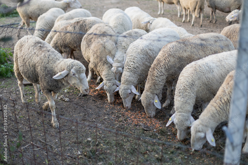 Sheep grazing in a rural farm setting near a fence Sheep grazing in a rural farm setting near a fence