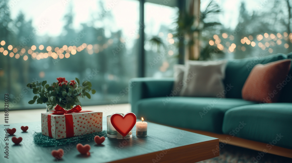 Obraz premium Living room beautifully decorated for Valentine's Day with heart-shaped accents and warm ambiance