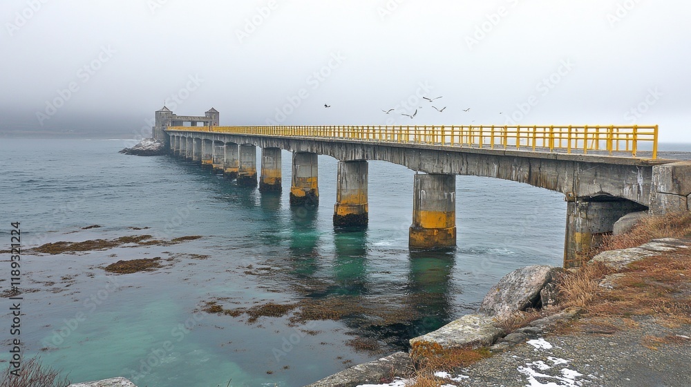 Foggy Coastal Pier with Seagulls and Calm Waters at Dawn Foggy Coastal Pier with Seagulls and Calm Waters at Dawn