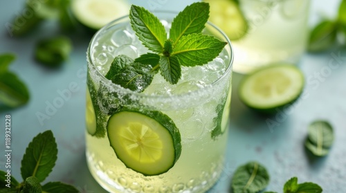 Refreshing cucumber cocktail garnished with mint leaves and bubbles 
