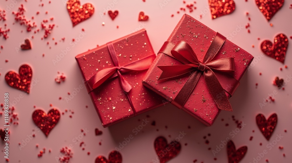 Gift box and red hearts decorated shiny glitter for Valentines Day. Aesthetic conceptual card. Top view, flat lay Gift box and red hearts decorated shiny glitter for Valentines Day. Aesthetic conceptual card. Top view, flat lay