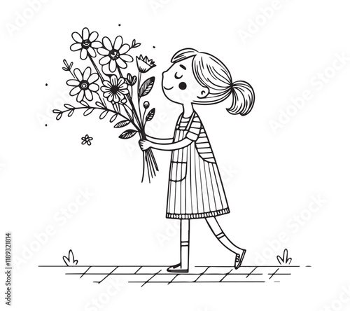 Girl standing and picked flowers a one line art drawing style black linear sketch isolated on transparency