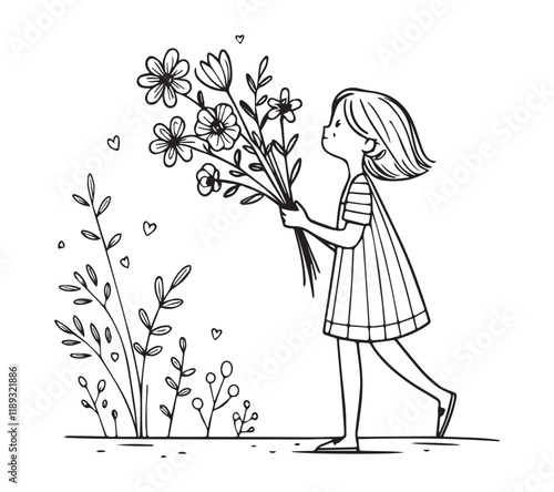 Girl standing and picked flowers a one line art drawing style black linear sketch isolated on transparency