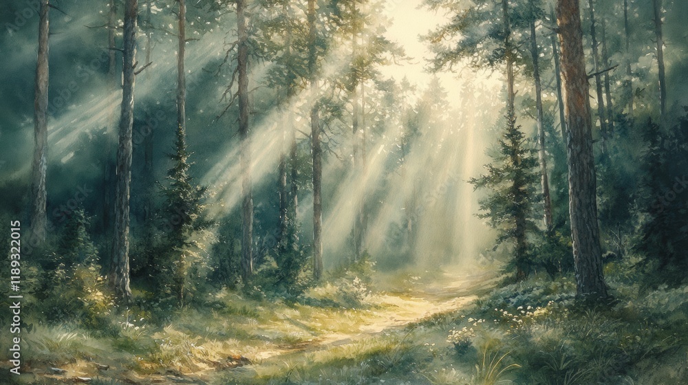Obraz premium Sunlight Filters Through Trees in Serene Forest Landscape Scene