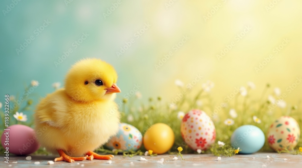 Charming Easter chicks in a delightful setting, featuring generous copy space for personalized messages or seasonal greetings. Charming Easter chicks in a delightful setting, featuring generous copy space for personalized messages or seasonal greetings.