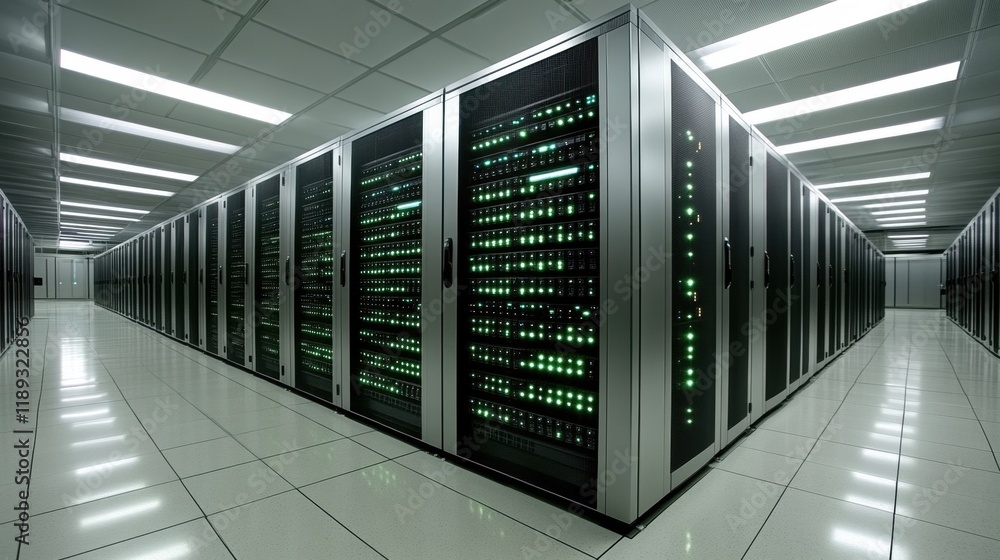 Modern Data Center with Rows of High-Tech Server Racks Modern Data Center with Rows of High-Tech Server Racks