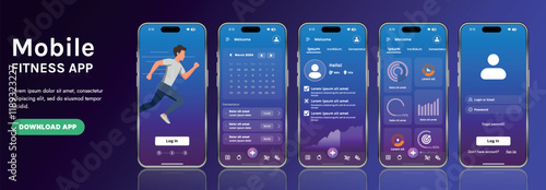 A sleek fitness app interface template featuring responsive design elements, including dashboards, charts, and statistics. Perfect for tracking health, weekly progress, and sports activities