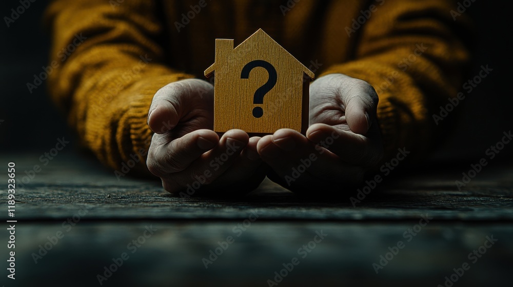Obraz premium Person Holding Home Symbol with Question Mark in Dark Environment