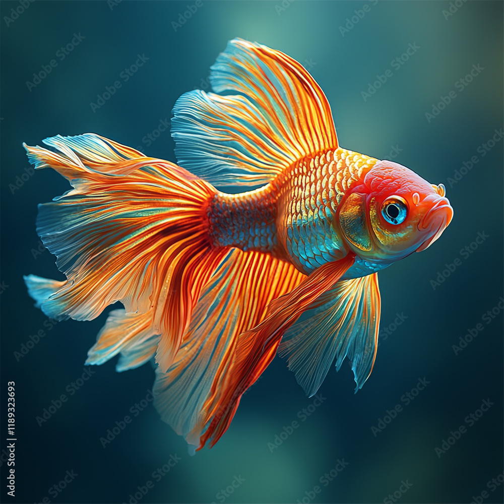 Fototapeta premium Vibrant orange goldfish, flowing fins, aquatic elegance.