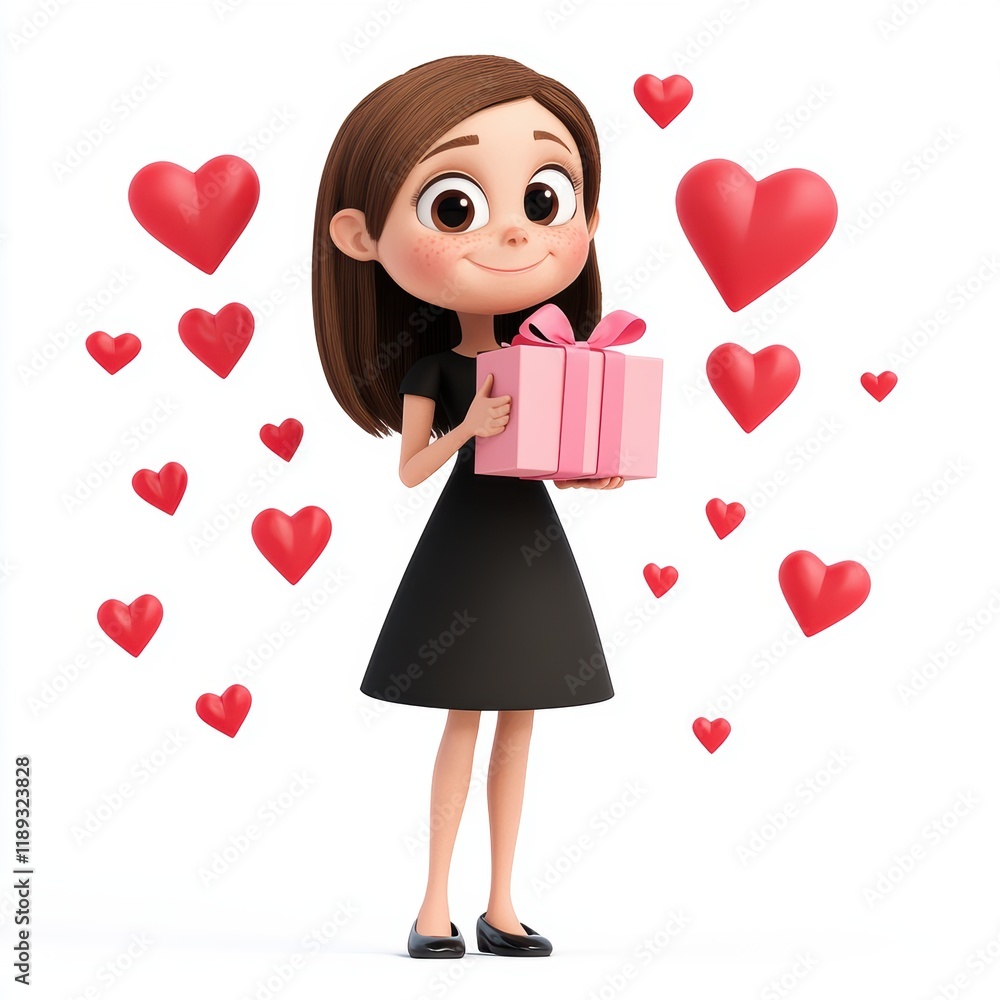 Cute beautiful girl with gift box for Valentine’s Day greeting card design Cute beautiful girl with gift box for Valentine’s Day greeting card design