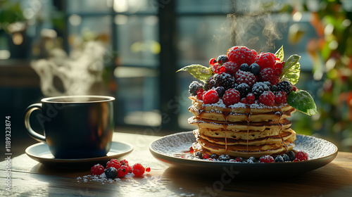 Fluffy pancakes topped with fresh berries and served with coffee in a sunlit breakfast nook photo