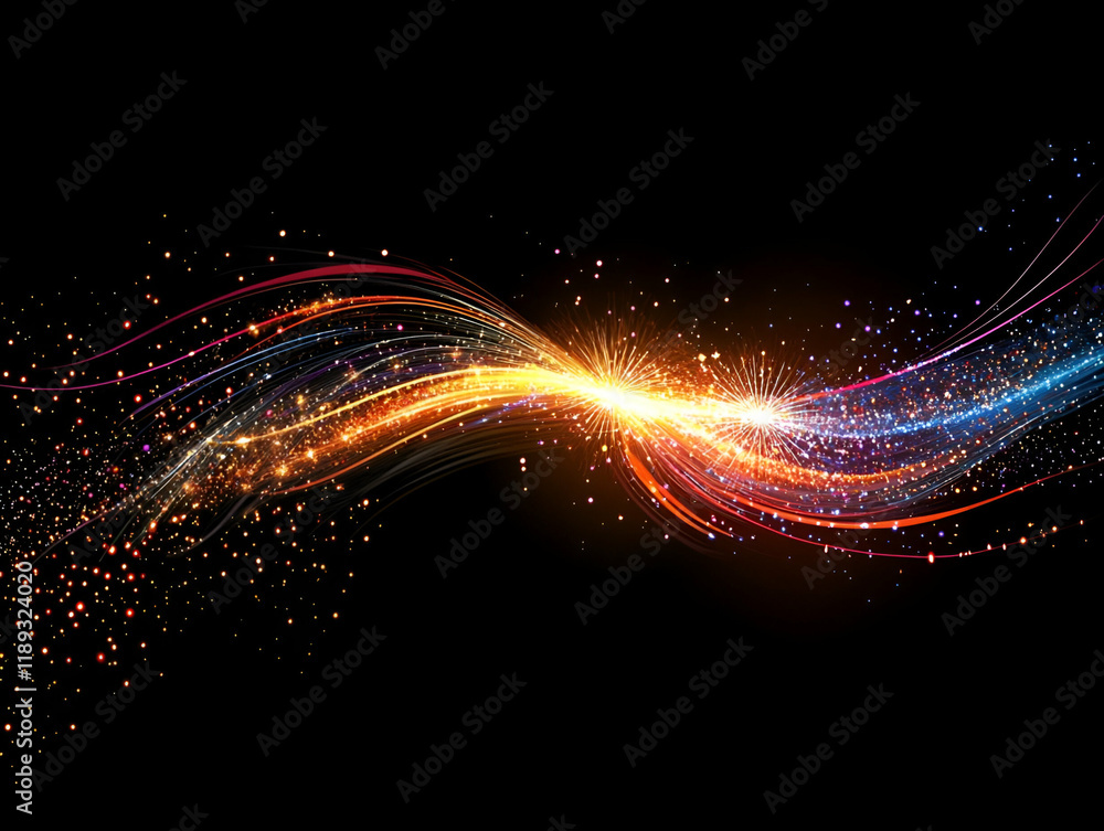 Abstract colorful wave with sparkles on a black background, symbolizing energy and movement. Abstract colorful wave with sparkles on a black background, symbolizing energy and movement.
