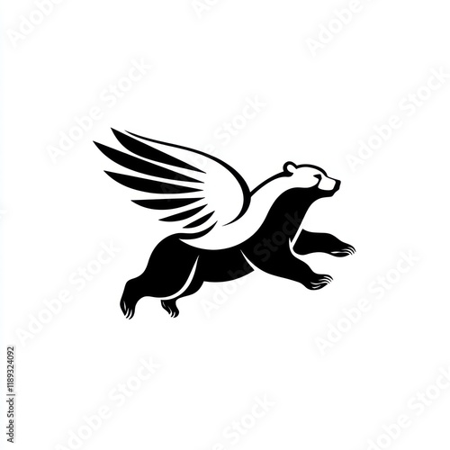 Winged bear leaping, white background, logo design photo