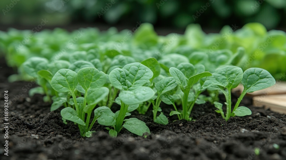 Lush green spinach seedlings growing in rich dark soil. Lush green spinach seedlings growing in rich dark soil.