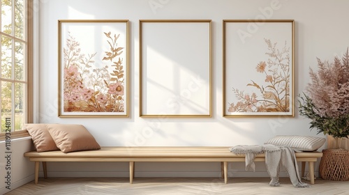 Elegant Interior with Framed Art and Modern Bench in Natural Light